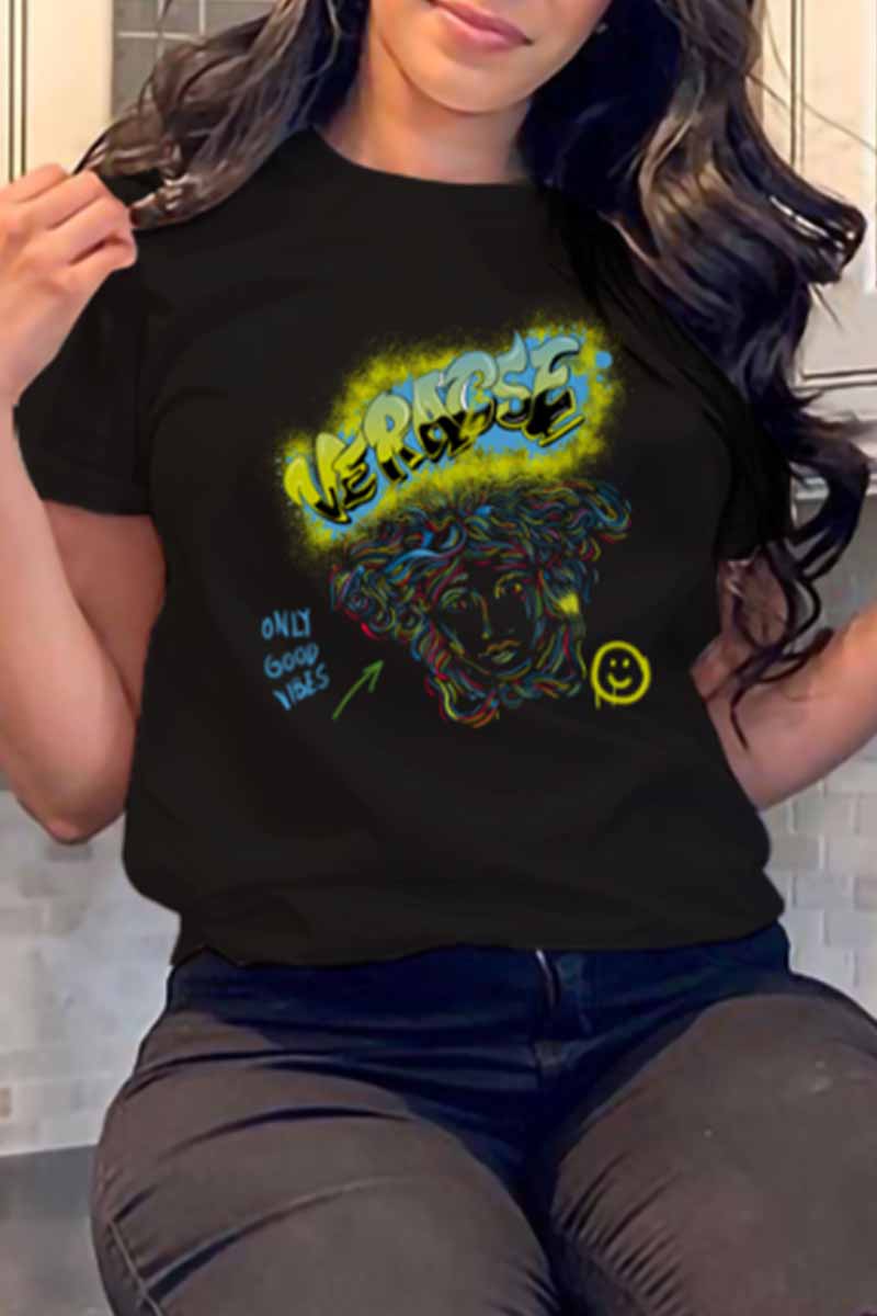 

Black Fashion Casual Print Letter O Neck T-Shirts