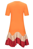 Tangerine Red Fashion Print Flounce O Neck Cake Jupe Robes