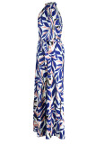 Burgund Casual Vacation Print Bandage Patchwork O Neck Plus Size Jumpsuits