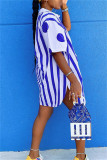 ブルー ファッション カジュアル ストライプ ドット プリント パッチワーク ターンダウン カラー シャツ ドレス