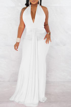 Белое модное сексуальное однотонное лоскутное платье с открытой спиной и складками, длинное платье с лямкой на шее