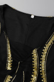Vestidos pretos elegantes estampa patchwork decote em v reto plus size (sem cinto)