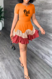 Tangerine Red Casual Print Flounce O Neck Cake Skirt Dresses