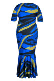 Robes de grande taille bleu mode décontracté imprimé patchwork O cou robe à manches courtes