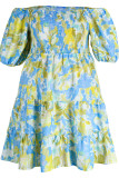Синее модное повседневное платье больших размеров в стиле пэчворк с круглым вырезом и коротким рукавом