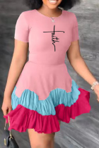 ピンク ファッション プリント フラウンス O ネック ケーキ スカート ドレス