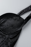 Vestido preto fashion sexy patchwork furação a quente transparente sem costas alça de espaguete sem manga