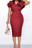 Rose Red Casual Elegant Solid Patchwork Flounce O Neck One Step Skirt Dresses