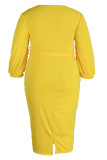 黄色のカジュアルな固体包帯パッチワークVネックワンステップスカートプラスサイズのドレス