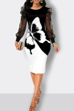 Vestidos de falda de un paso con cuello en V de patchwork con estampado informal en blanco y negro