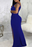 Синее сексуальное однотонное длинное платье в стиле пэчворк с разрезом и V-образным вырезом Платья