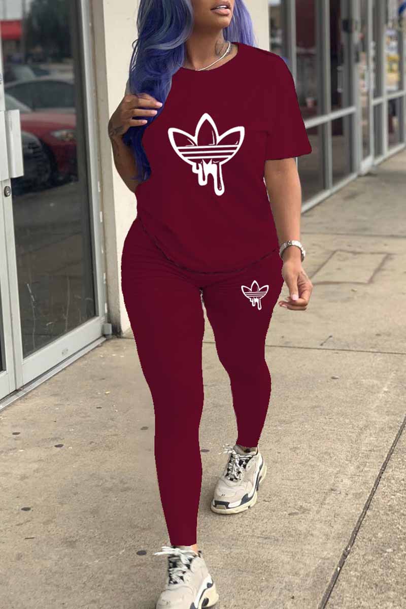 

Burgundy Fashion Casual Print Patchwork O Neck Short Sleeve Two Pieces