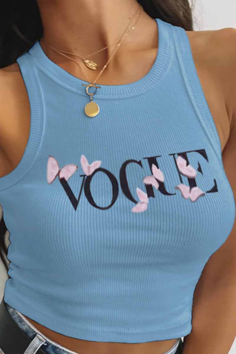 

Sky Blue Fashion Sexy Print Letter O Neck Tops