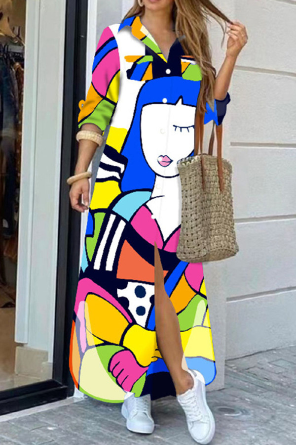 Синее повседневное платье-рубашка с отложным воротником и пряжкой в ​​стиле пэчворк с уличным принтом Платья