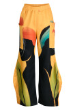 Pantalones de retazos con estampado informal amarillo de cintura alta con estampado de posicionamiento recto