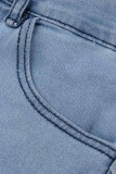 Vaqueros de mezclilla regular de cintura alta de patchwork rasgado sólido casual de moda azul