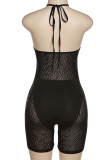 Black Sexy Solid Patchwork See-through Halter Regular Rompers