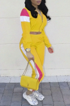 黄色のセクシーなファッション キャップ スリーブ長袖 O ネック プリント パッチワーク XNUMX 部分