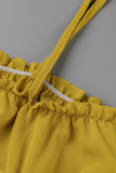 Земно-желтые сладкие однотонные платья в стиле пэчворк со складками и узкими кромками на тонких бретелях
