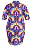 Purple Casual Print Patchwork Buckle Turndown Collar Shirt Dress Plus Size Dresses