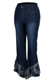 ライトブルーファッションカジュアルソリッドパッチワークプラスサイズジーンズ