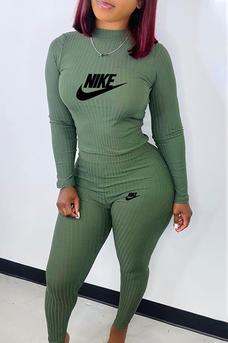 

Light Green Fashion Casual Print Letter O Neck Long Sleeve Two Pieces
