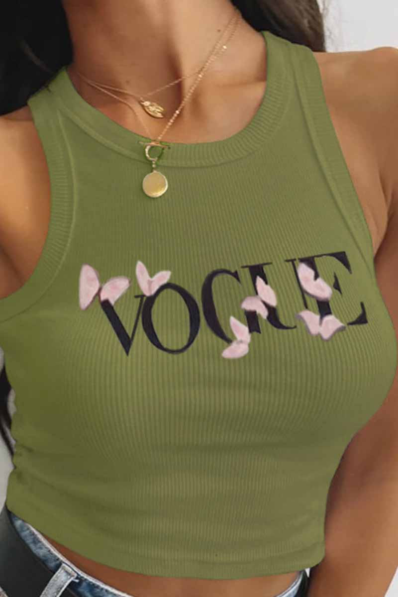 

Olive Green Fashion Sexy Print Letter O Neck Tops