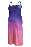 ネイビーブルーファッションセクシープラスサイズプリントバックレススパゲッティストラップロングドレス