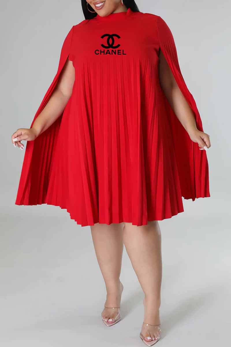 

Red Fashion Casual Print Letter O Neck Pleated Plus Size Dresses