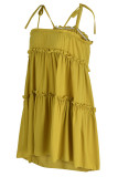 Earth Yellow Sweet Solid Patchwork Fold Stringy Selvedge Spaghetti Strap A Line Dresses