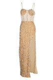 Apricot Sexy Solid Sequins Patchwork See-through Slit Spaghetti Strap Sling Dress Dresses