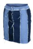 ブルーファッションカジュアルパッチワークベーシックハイウエストスキニーデニムスカート