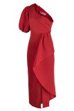 赤い有名人エレガントなソリッドパッチワークフラウンス非対称斜め襟イブニングドレスドレス