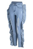 Jeans blu alla moda casual strappati strappati a vita alta