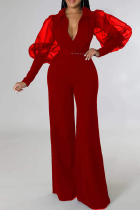 Red Fashion Solid Mesh V Neck Boot Cut Jumpsuits(Without belt)