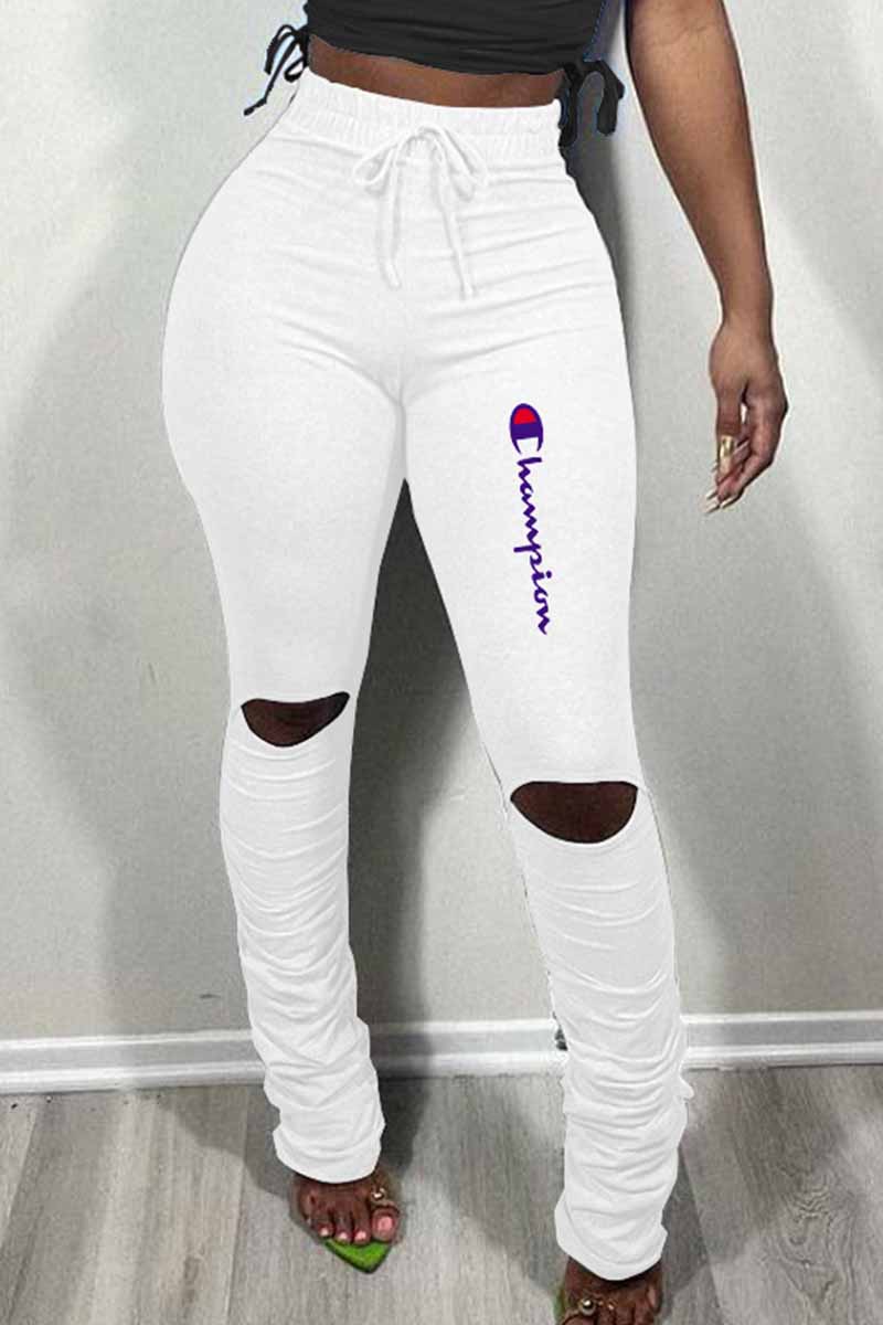 

White Fashion Casual Print Ripped Letter Speaker Bottoms