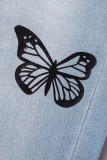 Blaue, modische, lässige Patchwork-Jeans mit hoher Taille und regelmäßigem Schmetterlingsdruck