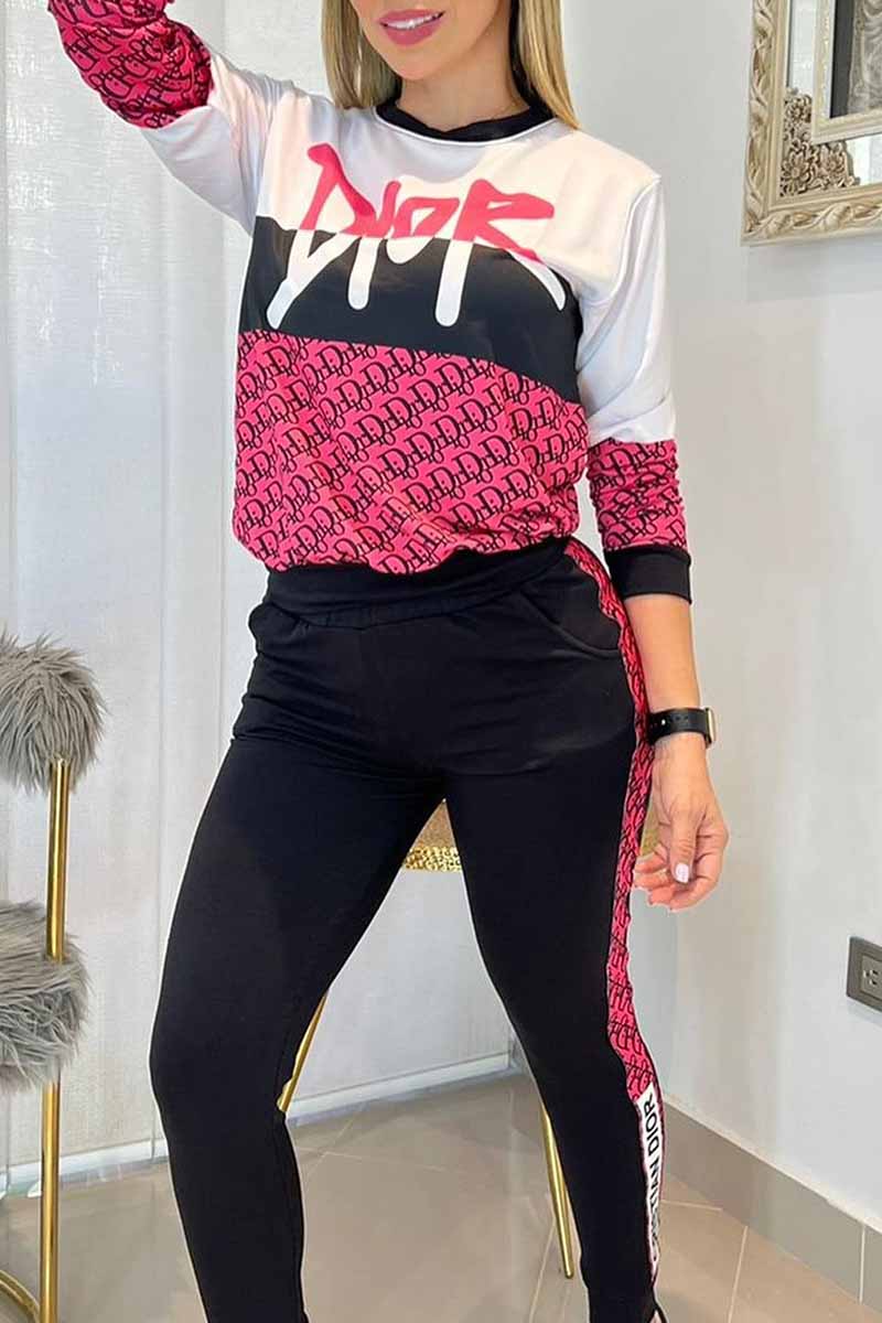 

Deep Pink Fashion Casual Print Patchwork Letter O Neck Long Sleeve Two Pieces