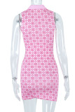 ピンク セクシー プリント パッチワーク ターンダウン カラー ワンステップ スカート ドレス