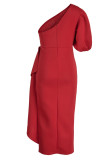 赤い有名人エレガントなソリッドパッチワークフラウンス非対称斜め襟イブニングドレスドレス