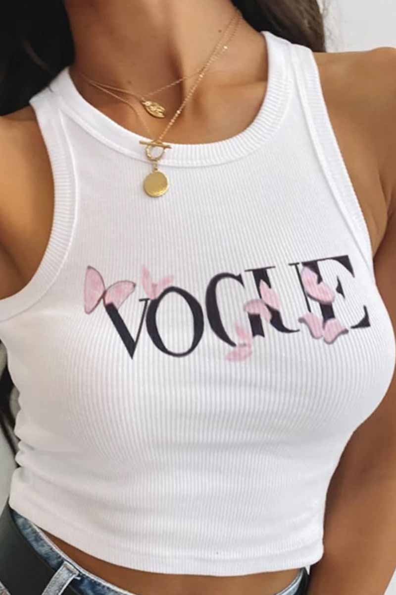 

White Fashion Sexy Print Letter O Neck Tops