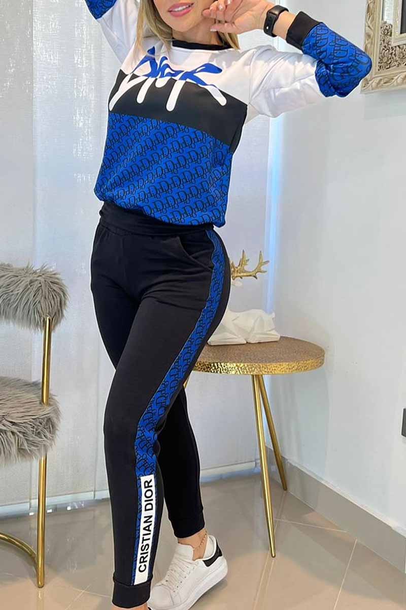 

Blue Fashion Casual Print Patchwork Letter O Neck Long Sleeve Two Pieces