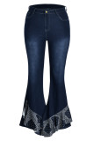 Diepblauwe mode casual effen patchwork jeans met grote maten