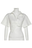 White Casual Solid Patchwork Asymmetrical Turndown Collar Tops
