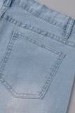 Azul Moda Casual Borboleta Estampa Patchwork Cintura Alta Jeans Regular