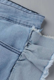 Blauwe mode casual effen gescheurde patchwork hoge taille regular denim jeans