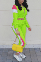 Fluoreszierendes Grün Sexy Fashion Cap Sleeve Long Sleeves O Hals Print Patchwork Zweiteiler