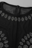 Черные сексуальные однотонные лоскутные прозрачные платья с круглым вырезом и круглым вырезом с кисточками