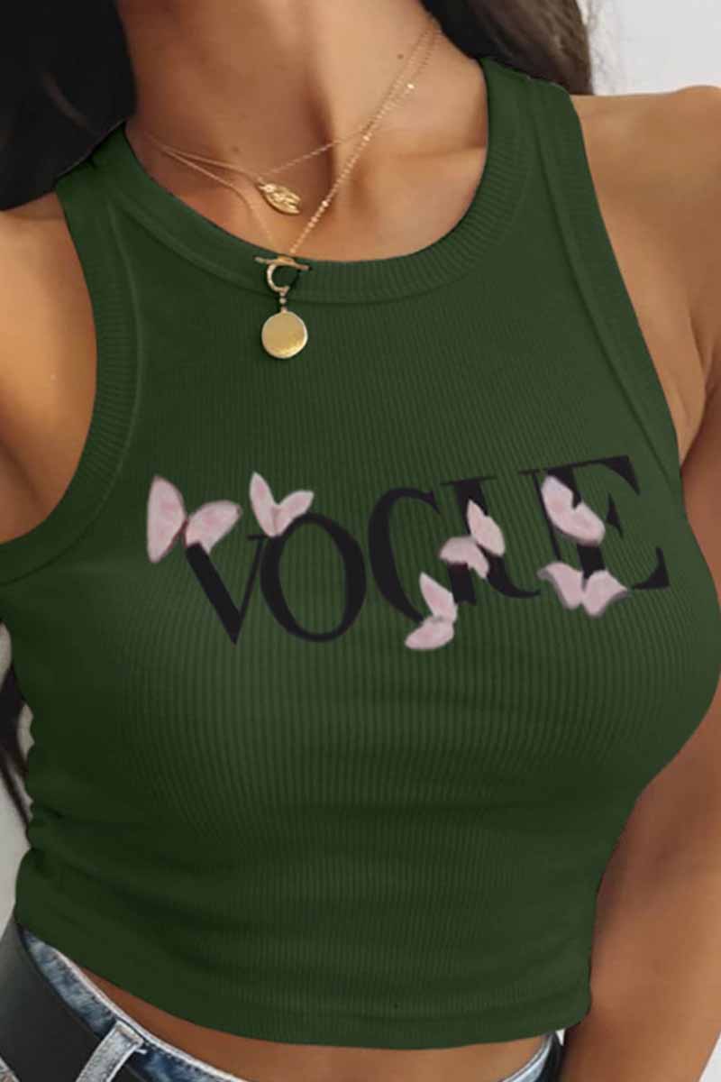 

Army Green Fashion Sexy Print Letter O Neck Tops