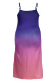 Pink Purple Fashion Sexy Plus Size Print Backless Spaghetti Strap Long Dress
